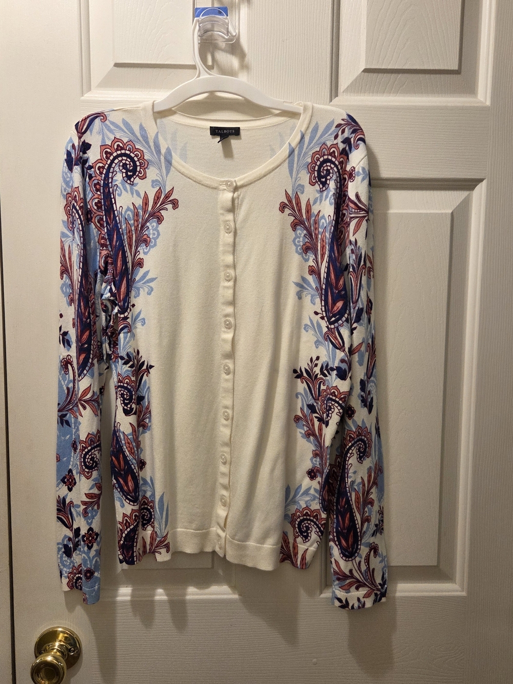 Talbots Cream Paisley-Print Button Cardigan Sweater